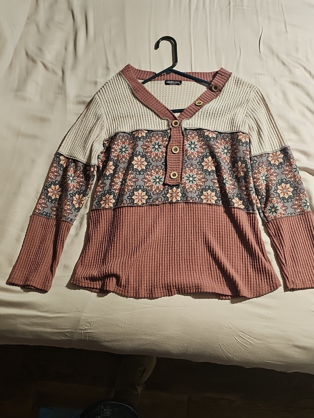 Mauve Floral Ribbed Henley Pullover Sweatshirt